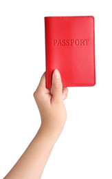 Woman holding passport in red leather case on white background, closeup