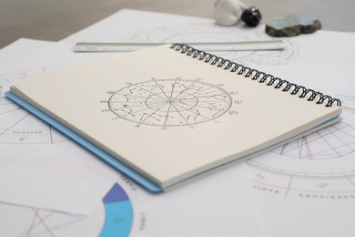 Photo of Zodiac wheels and natal chart for making astrological predictions on table, closeup