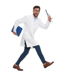 Photo of Doctor with stethoscope and clipboard running on white background