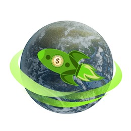 Rocket with dollar sign flying around planet symbolizing speed of money transaction. Illustration on white background