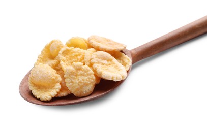 Wooden spoon of tasty crispy corn flakes on white background