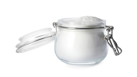 Photo of Baking soda in glass jar isolated on white