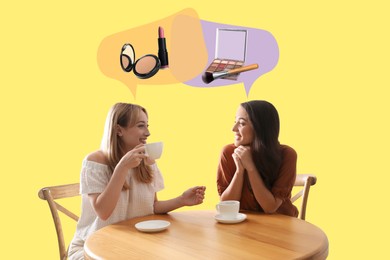 Image of Young women talking about makeup at table on yellow background. Dialogue illustration. Speech bubbles with decorative cosmetics