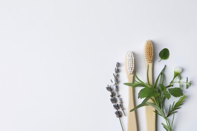 Photo of Flat lay composition with toothbrushes and green herbs on white background. Space for text