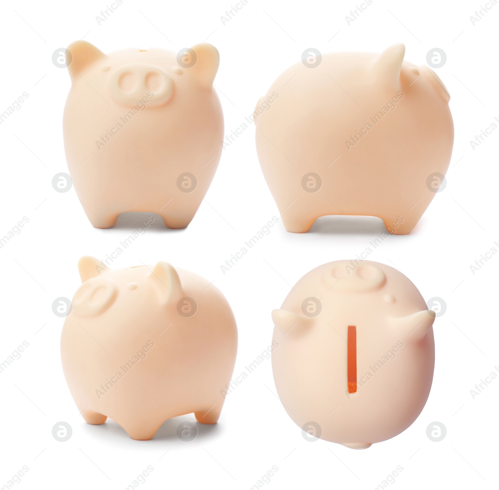 Set with ceramic piggy bank on white background Image of Set with ceramic piggy bank on white background