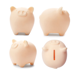 Image of Set with ceramic piggy bank on white background