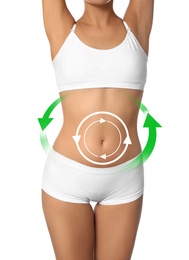 Image of Metabolism concept. Young woman with perfect body on white background 