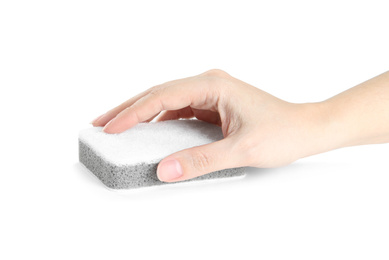 Photo of Woman with sponge on white background, closeup of hand