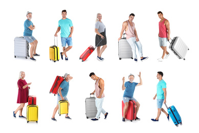 Image of People with different suitcases on white background, collage