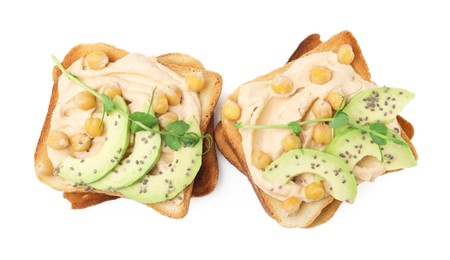 Photo of Delicious sandwiches with hummus, avocado and chickpeas on white background, top view