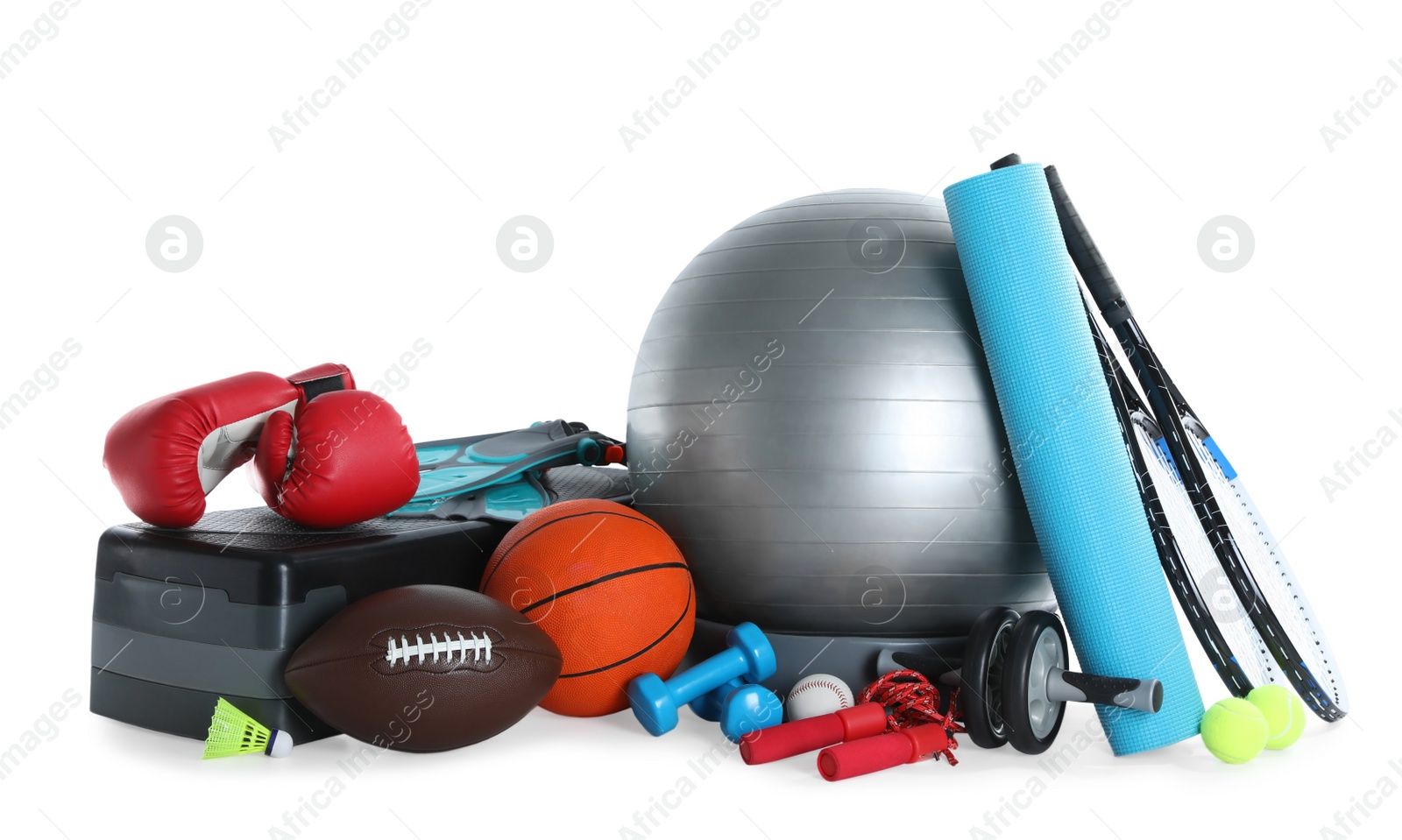 Photo of Set of different sports equipment on white background