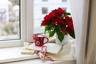 Photo of Beautiful poinsettia, cup of hot cocoa and candy canes on window sill. Traditional Christmas flower