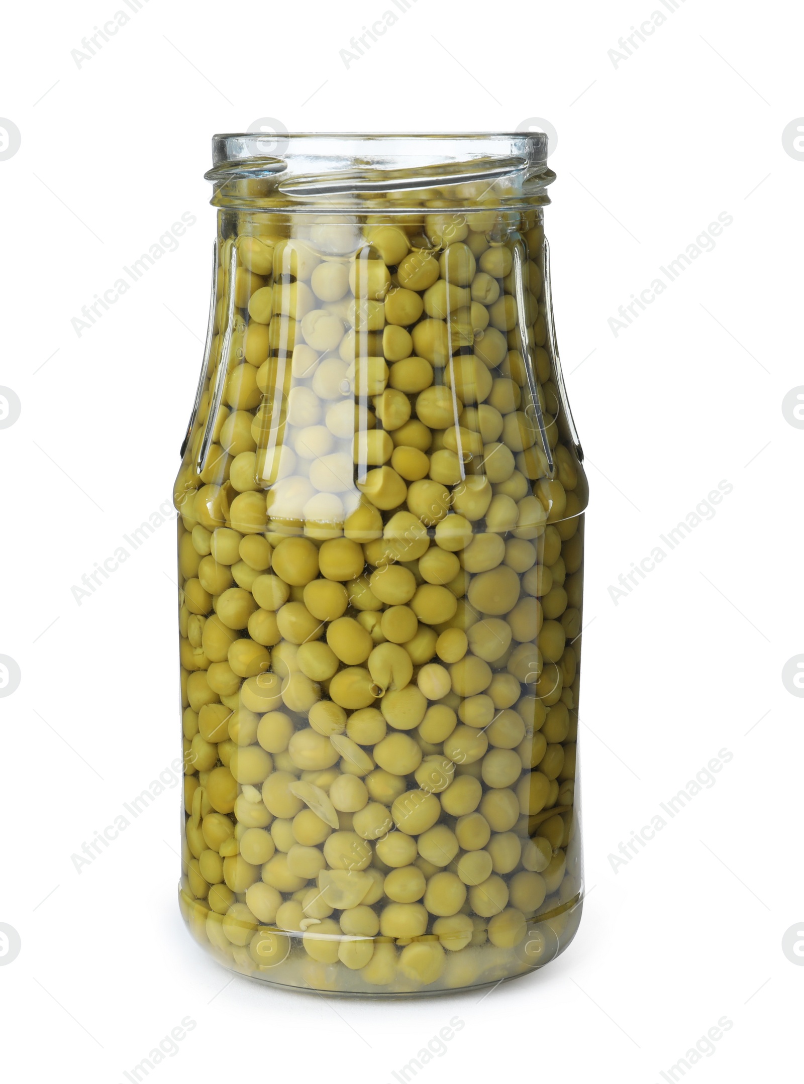 Photo of Glass jar with pickled green peas isolated on white