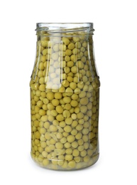 Glass jar with pickled green peas isolated on white