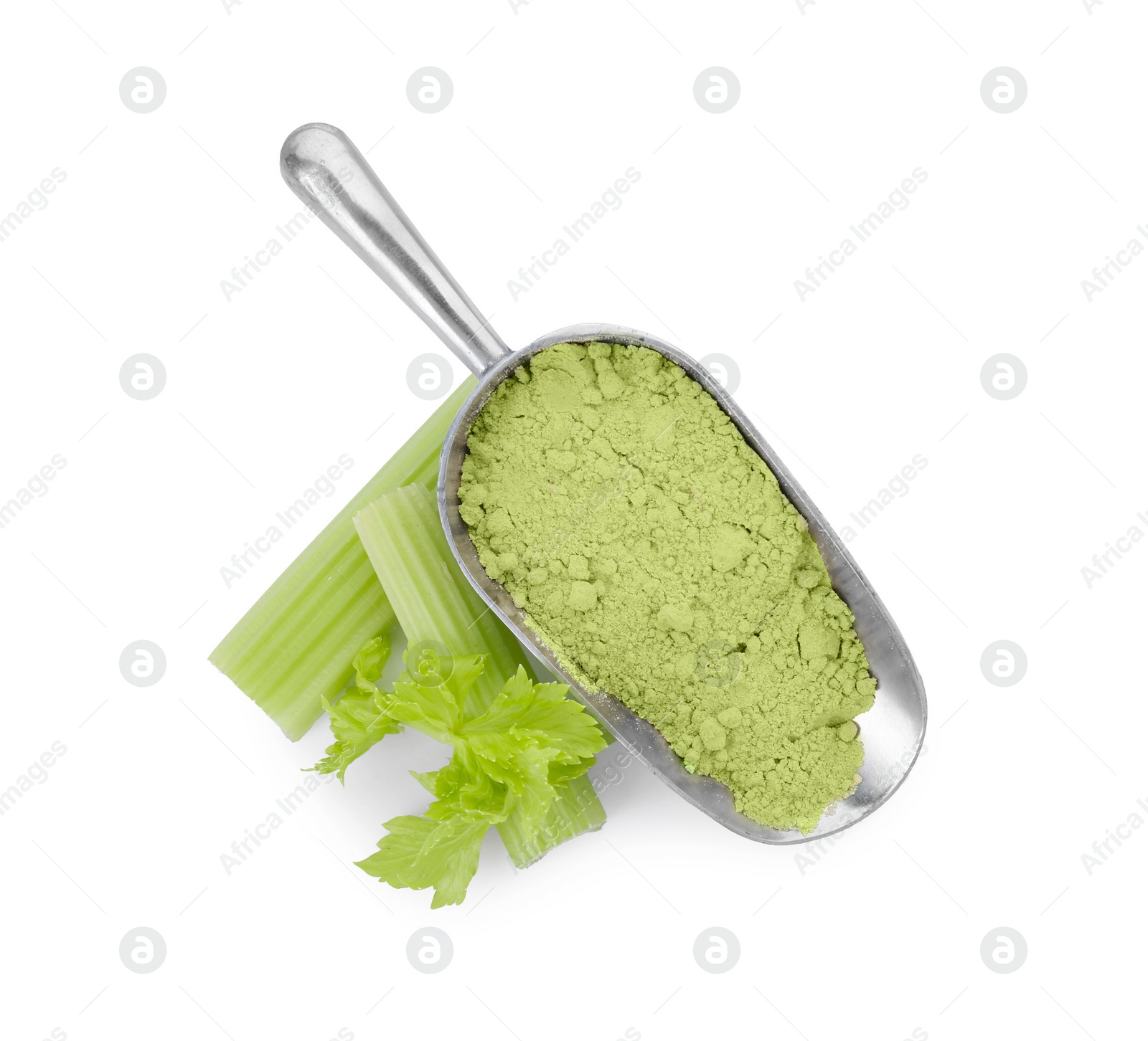 Photo of Scoop of celery powder and fresh cut stalk isolated on white, top view