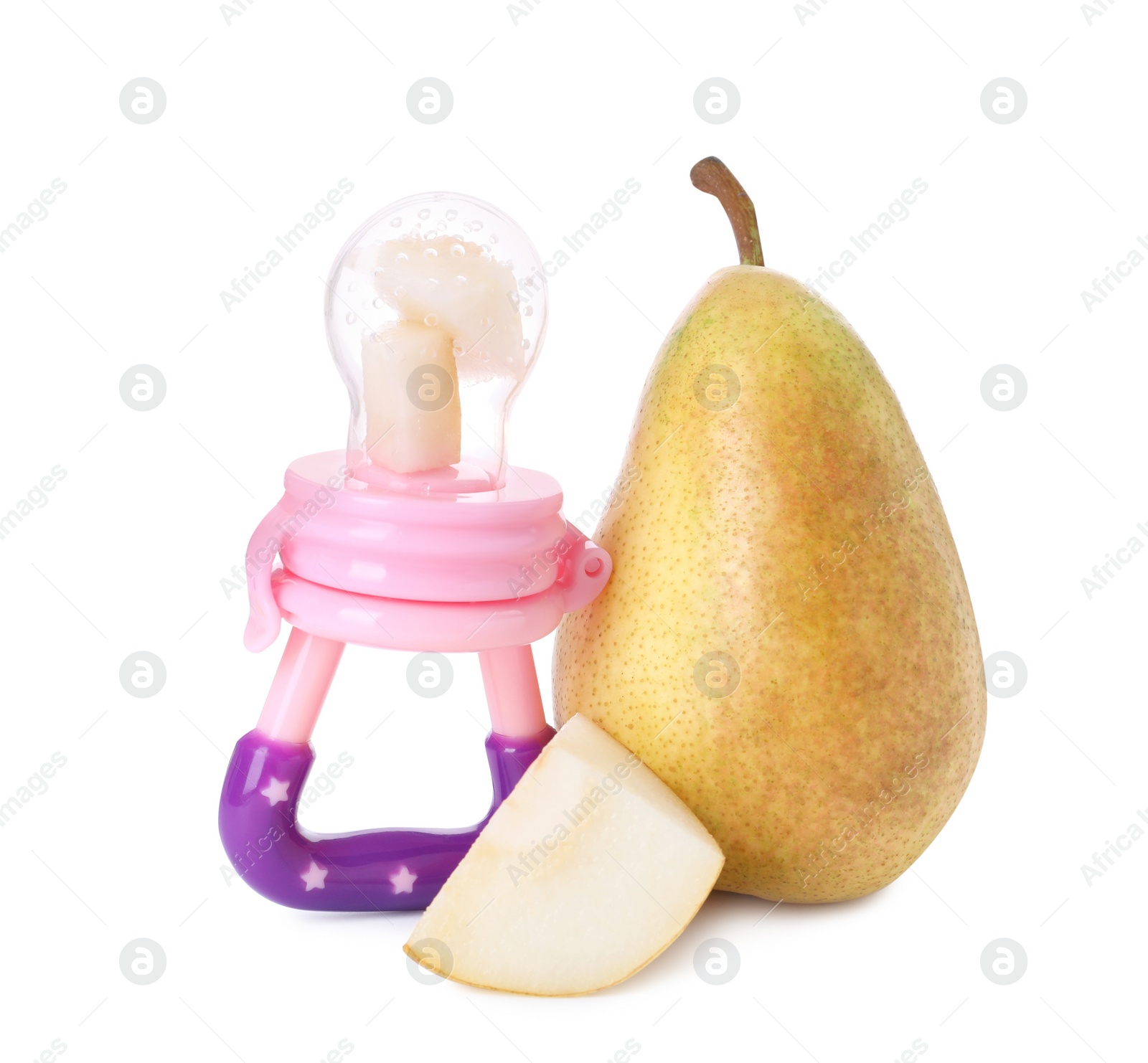 Photo of Nibbler with fresh pear on white background. Baby feeder