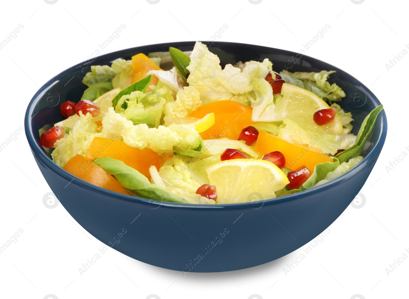 Photo of Delicious salad with Chinese cabbage, lemon, persimmon and pomegranate seeds isolated on white