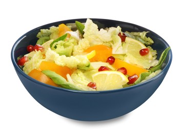 Delicious salad with Chinese cabbage, lemon, persimmon and pomegranate seeds isolated on white
