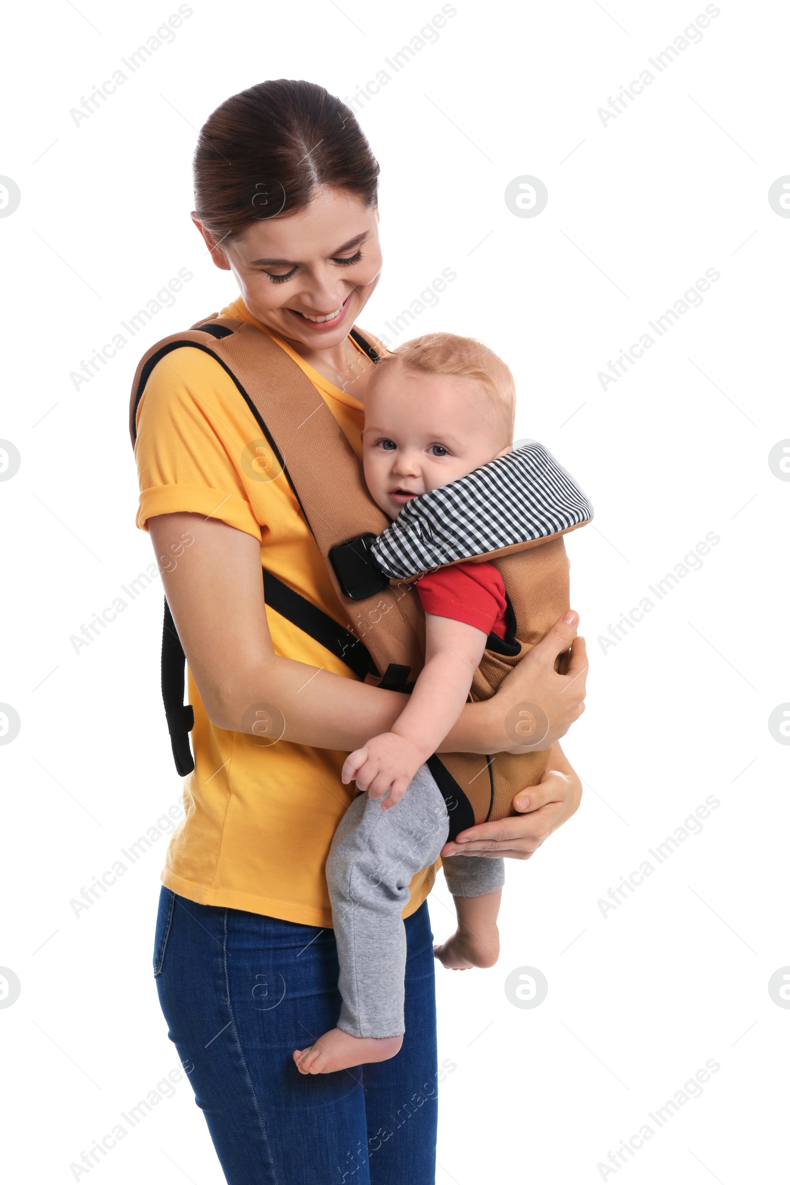 Photo of Woman with her son in baby carrier on white background