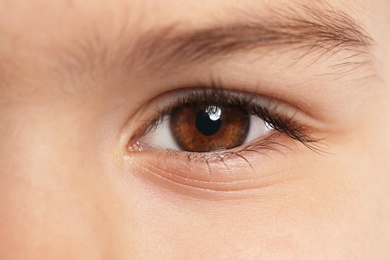 Photo of Little boy, focus on eye. Visiting children's doctor and ophthalmologist