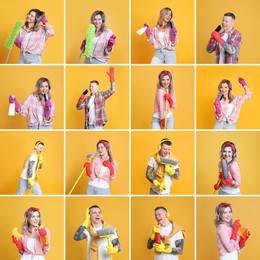 Collage with photos of funny people singing on yellow background