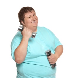 Overweight man with dumbbells on white background