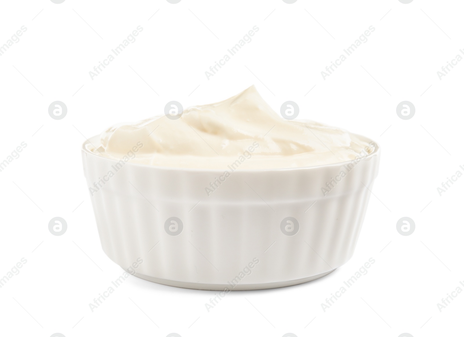 Photo of Ceramic bowl with fresh sour cream isolated on white