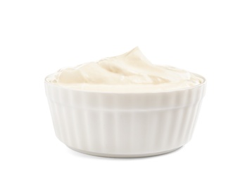 Photo of Ceramic bowl with fresh sour cream isolated on white