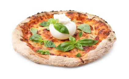 Photo of Delicious pizza with burrata cheese and basil isolated on white