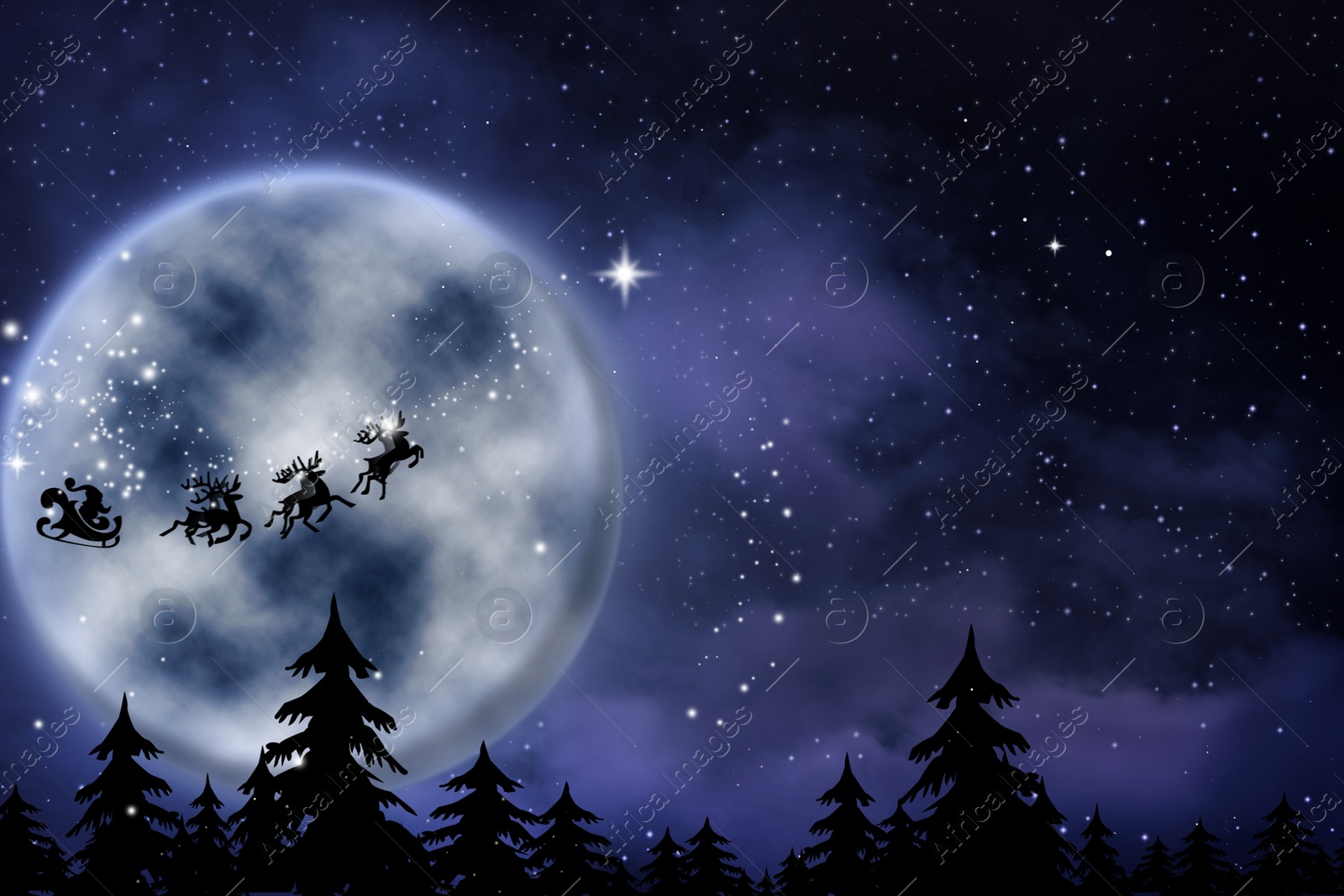 Illustration of Magic Christmas eve. Santa with reindeers flying in sky on full moon night