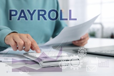 Image of Payroll. Woman using calculator at table, closeup. Illustrations of graphs and icons