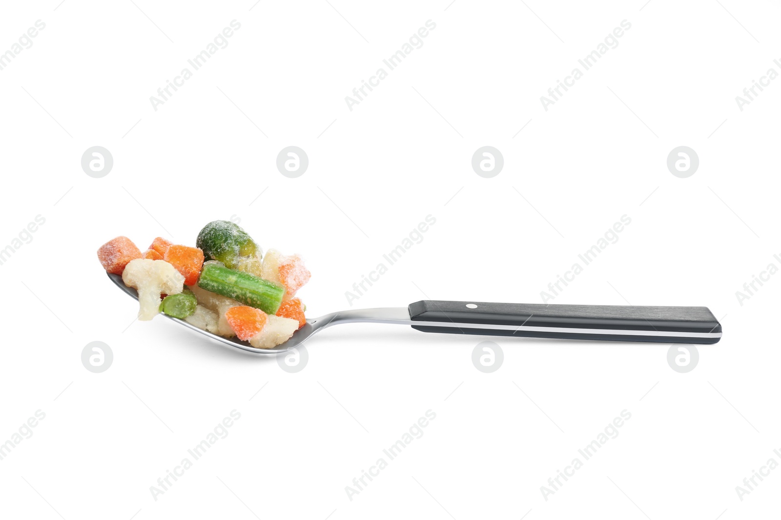 Photo of Frozen vegetables in spoon isolated on white