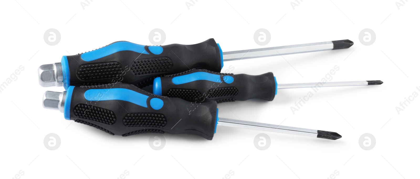 Photo of Set of screwdrivers with blue handles isolated on white