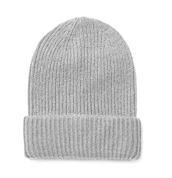 Photo of Light grey knitted hat isolated on white, top view