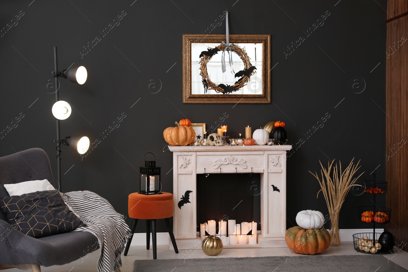 Photo of Modern room decorated for Halloween. Idea for festive interior