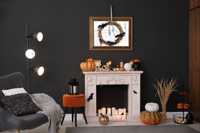 Modern room decorated for Halloween. Idea for festive interior