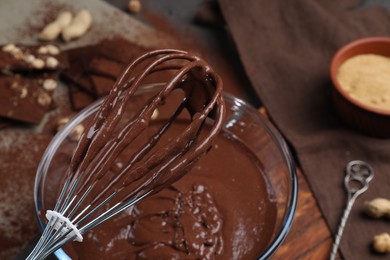 Whisk with chocolate cream above bowl, closeup