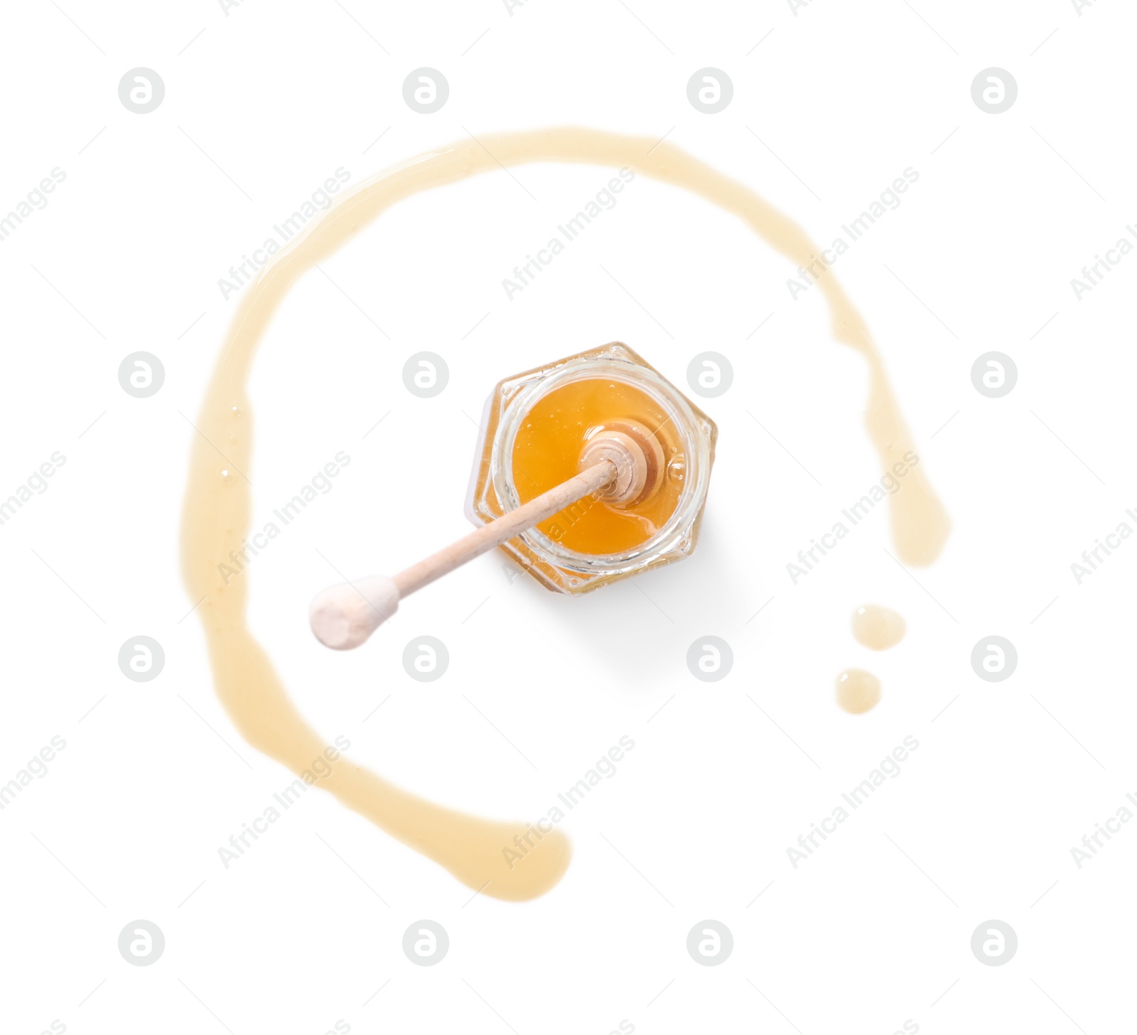 Photo of Jar with tasty natural honey and dipper on white background, top view