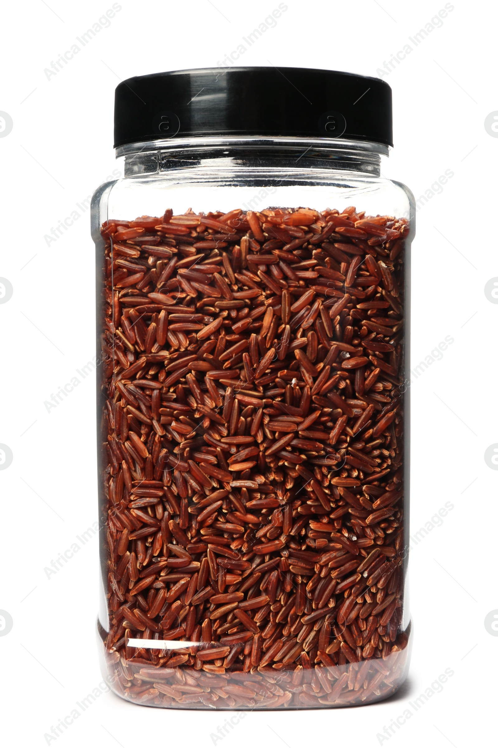 Photo of Red rice in jar, isolated on white. Mock up for design