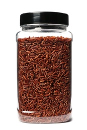 Photo of Red rice in jar, isolated on white. Mock up for design