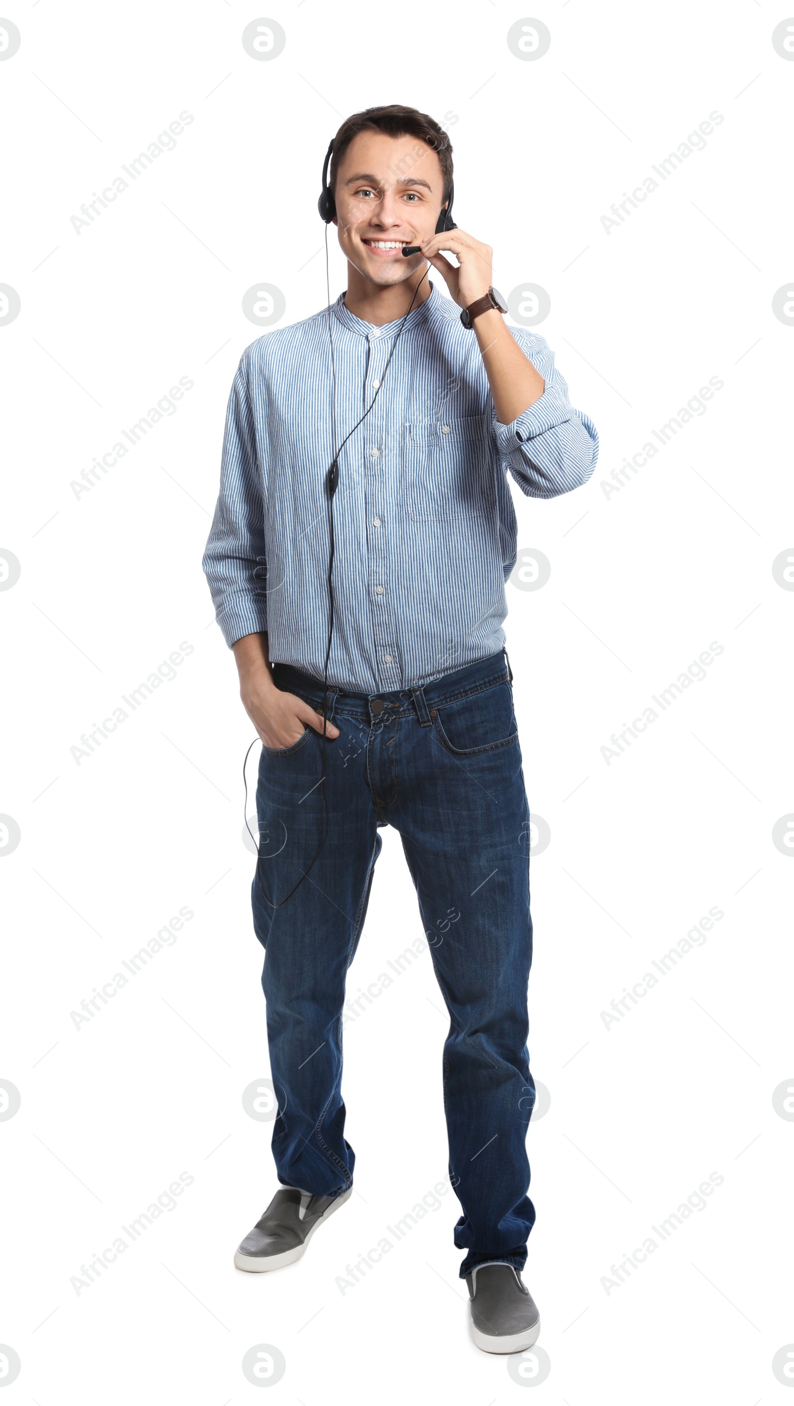 Photo of Technical support operator with headset on white background