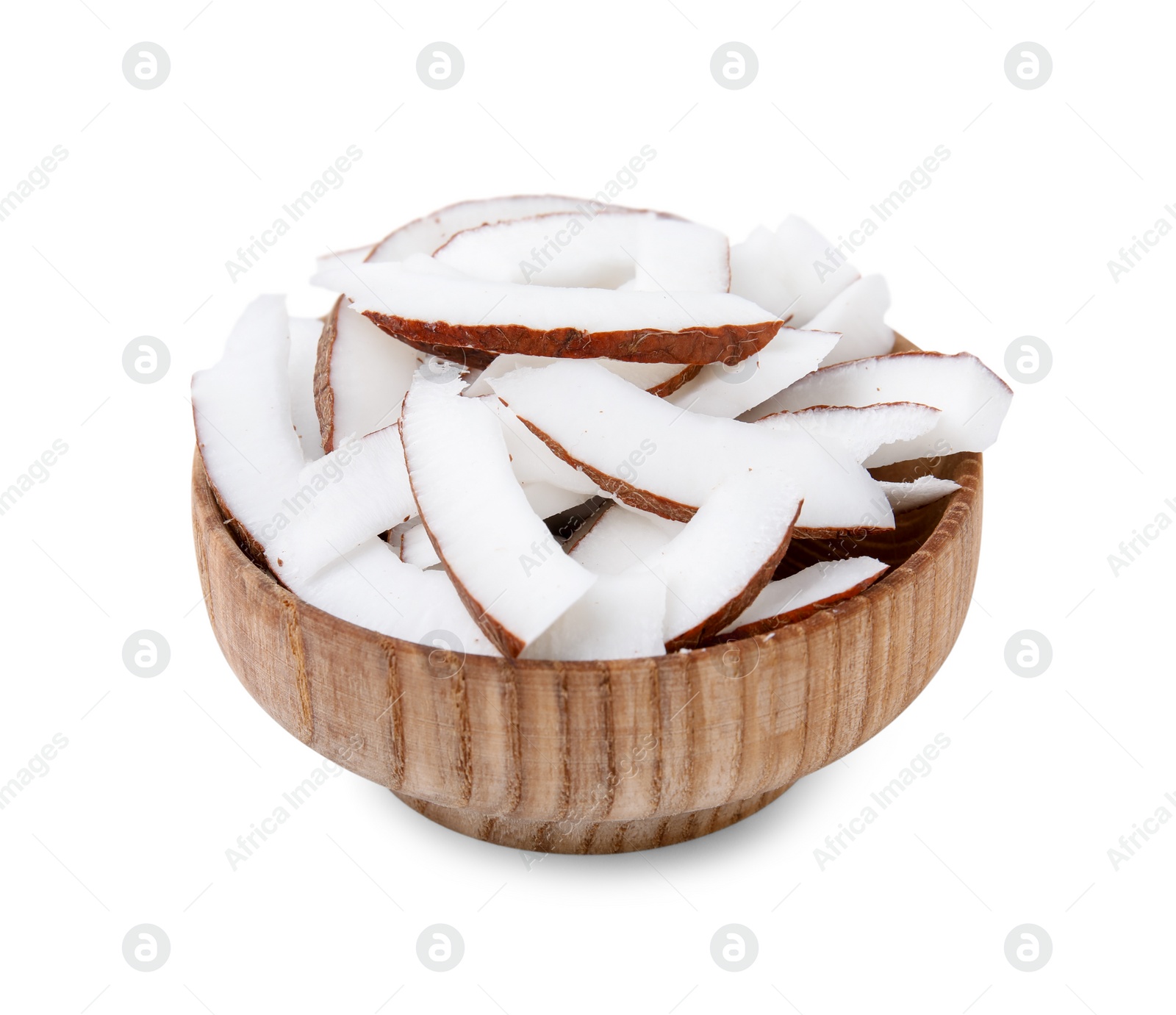 Photo of Fresh coconut pieces in bowl isolated on white