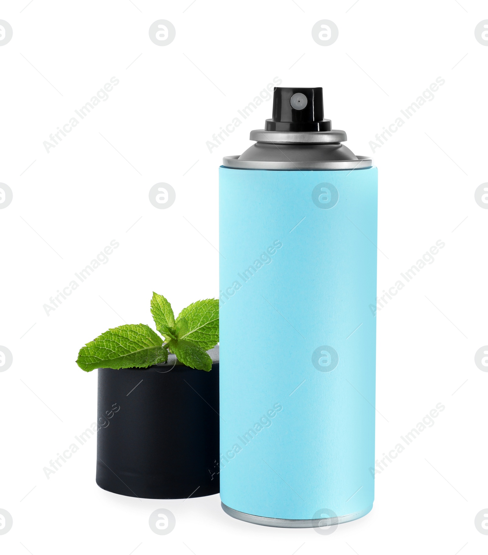 Photo of Open spray deodorant and mint on white background