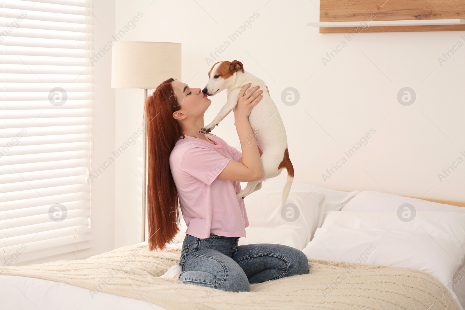 Photo of Woman kissing cute Jack Russell Terrier dog in bedroom