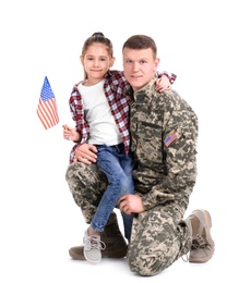 Photo of Male soldier with his daughter on white background. Military service