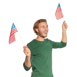 Photo of Young man with American flags on white background