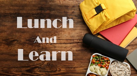 Image of Lunch and Learn concept. Flat lay composition with thermos, food and stationery on wooden table