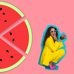 Image of Pop art poster. Beautiful young woman with watermelon on pink background