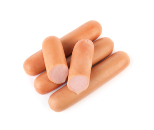 Photo of Tasty sausages on white background. Meat product