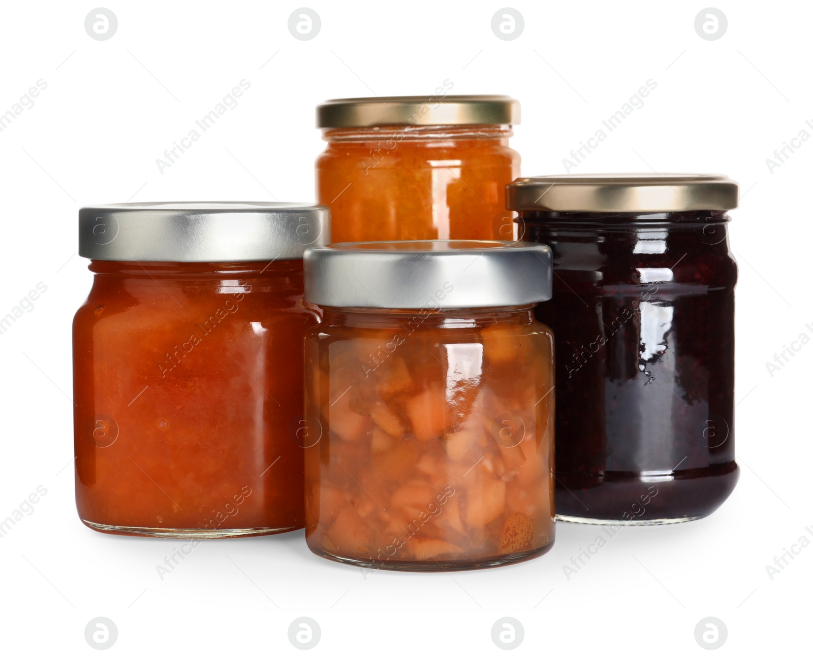 Photo of Jars with different jams on white background